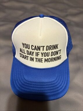 Blue and White Trucker Hat with Funny Slogan